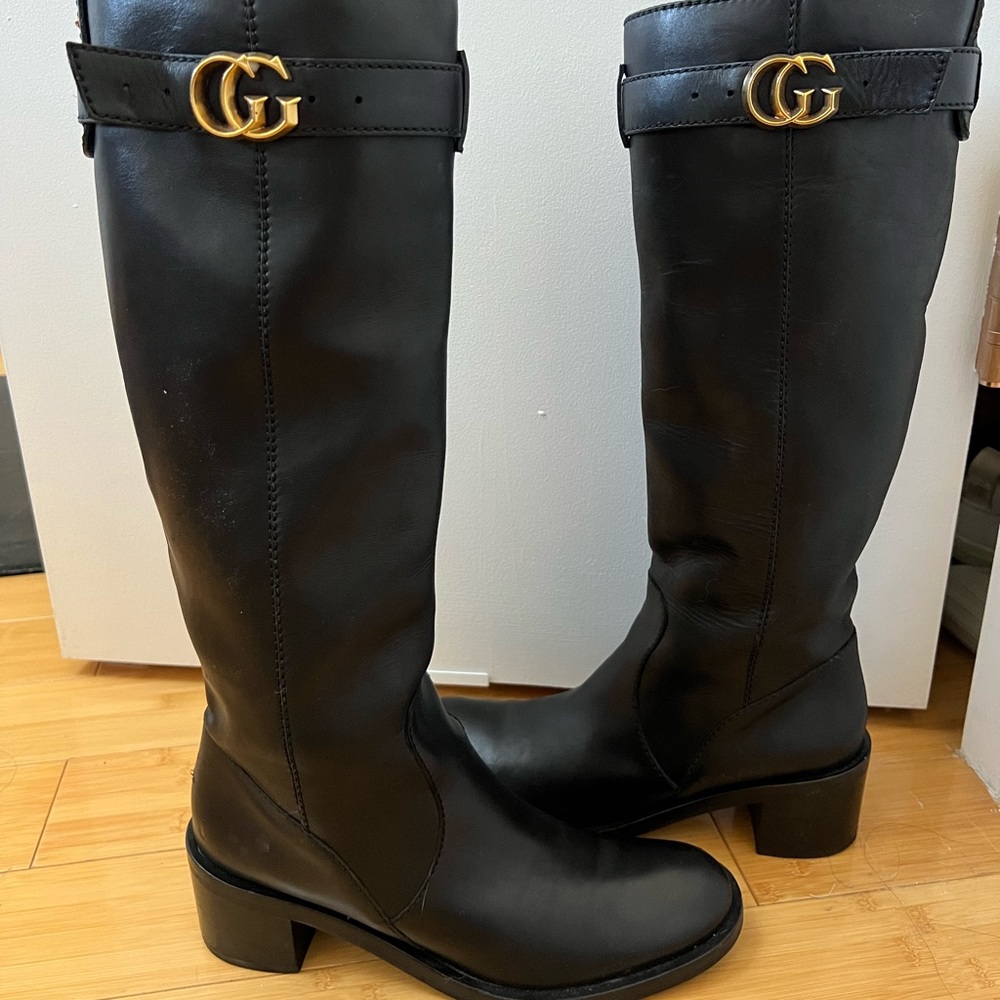 Gucci GG Logo Black Leather Riding Boots ~rare~